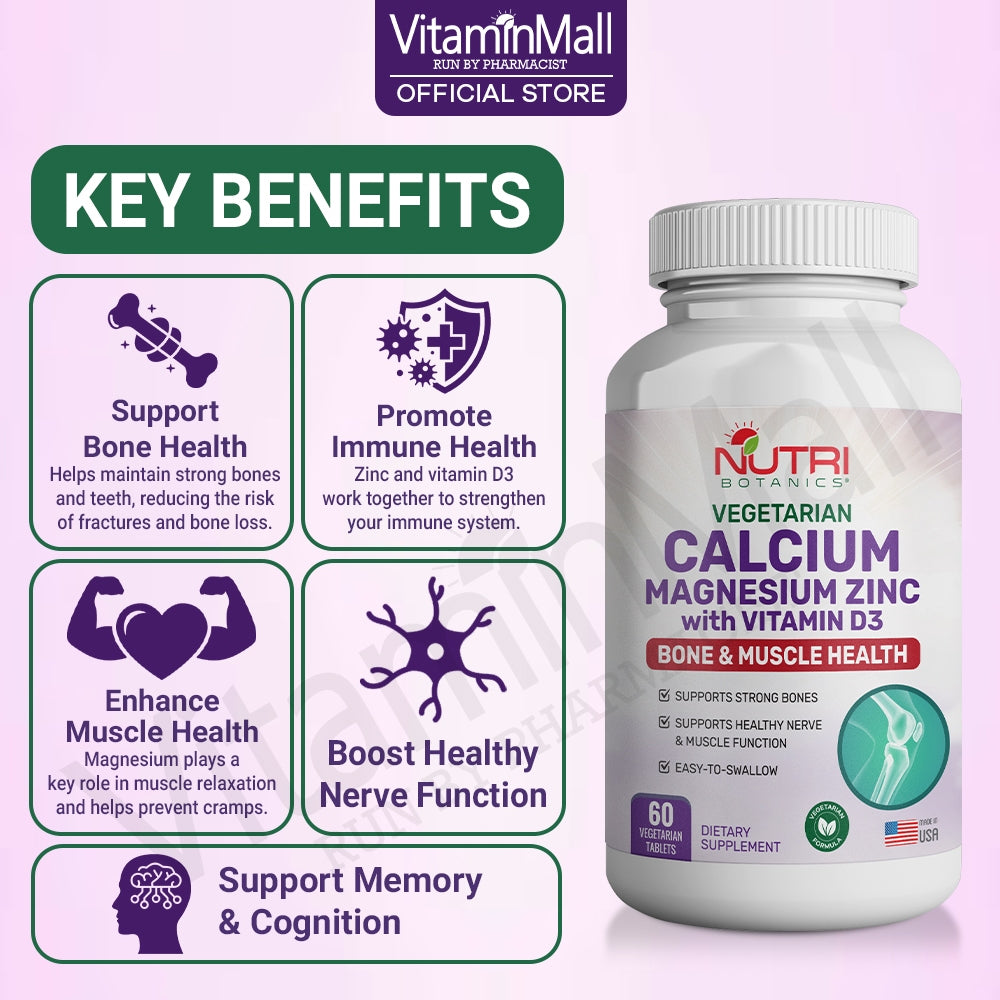 Nutri Botanics Calcium Magnesium Zinc with Vitamin D3 Supplement – 60 Vegetarian Tablets