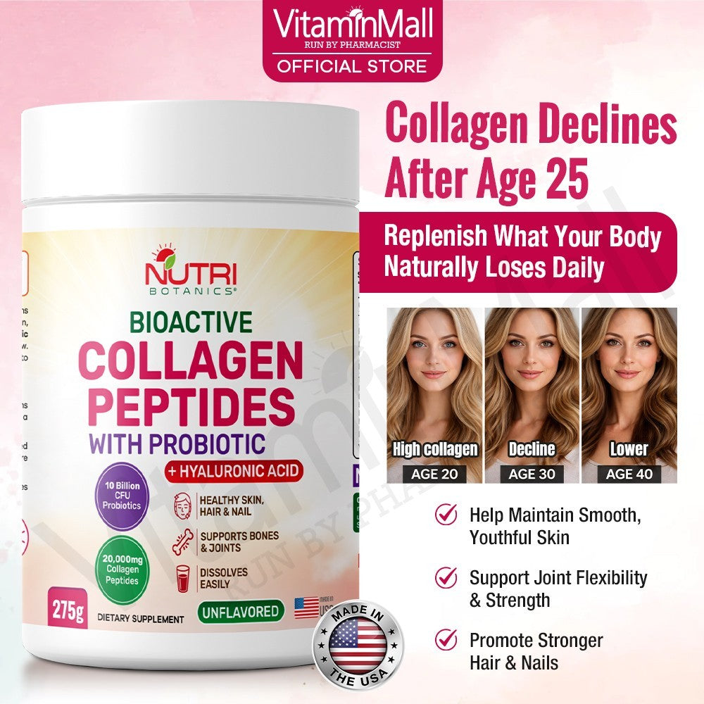 Nutri Botanics Bioactive Collagen Peptides Powder with Probiotic + Hyaluronic Acid – 275g