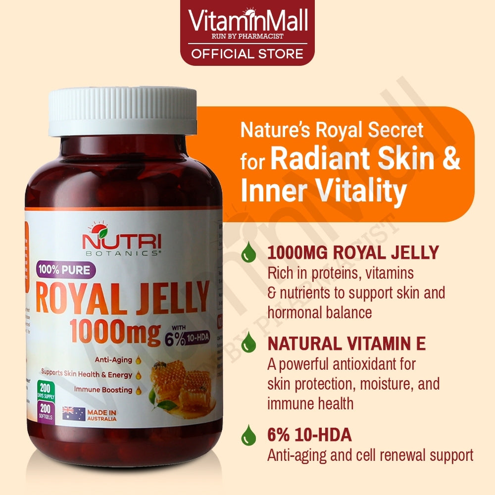 Nutri Botanics Royal Jelly 1000mg with 6% 10-HDA – 200 Softgels