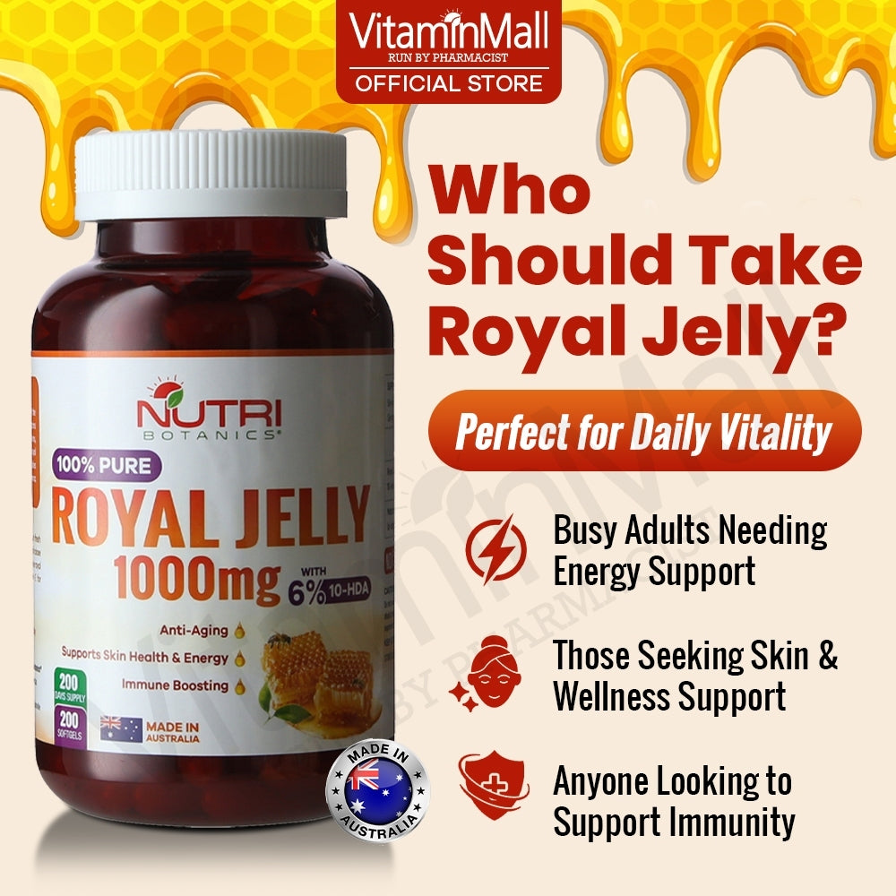 Nutri Botanics Royal Jelly 1000mg with 6% 10-HDA – 200 Softgels