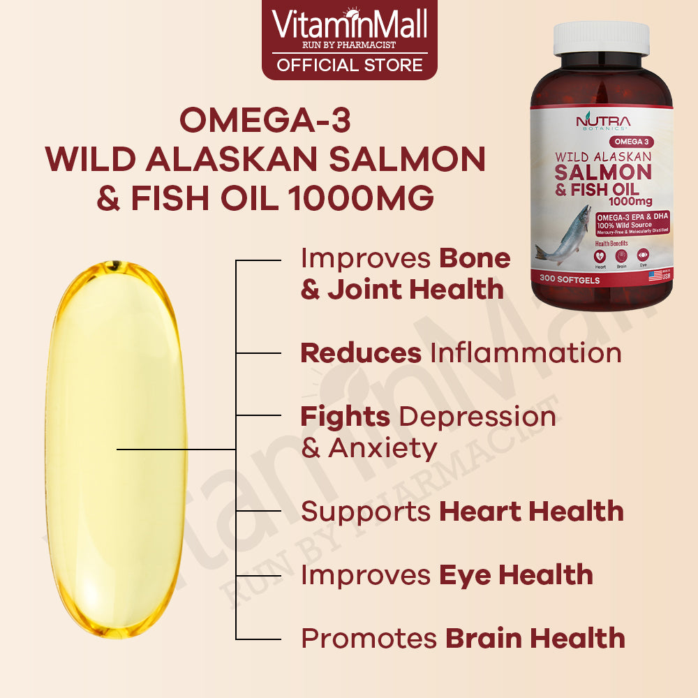 Nutra Botanics Omega 3 Wild Alaskan Salmon & Fish Oil 1000mg – 300 Softgels