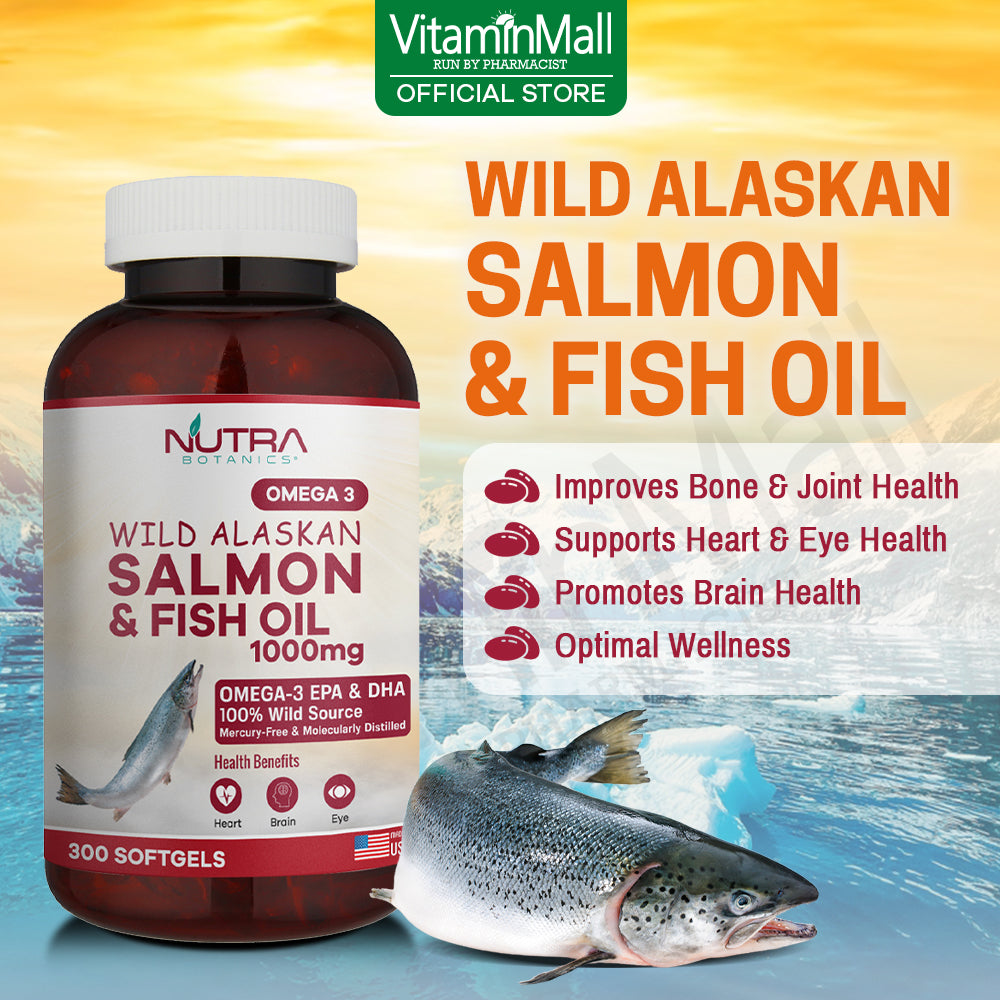 Nutra Botanics Omega 3 Wild Alaskan Salmon & Fish Oil 1000mg – 300 Softgels