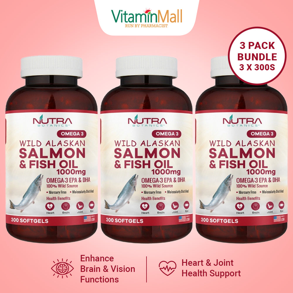 Nutra Botanics Omega 3 Wild Alaskan Salmon & Fish Oil 1000mg – 300 Softgels
