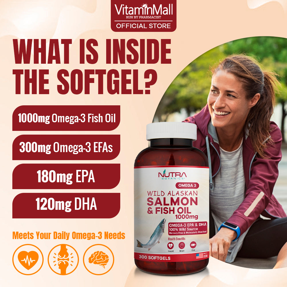 Nutra Botanics Omega 3 Wild Alaskan Salmon & Fish Oil 1000mg – 300 Softgels
