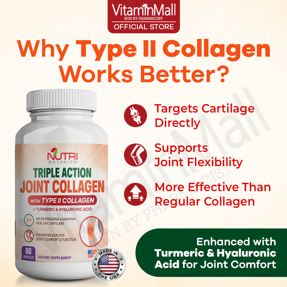 Nutri Botanics Triple Action Joint Collagen with Type II Collagen, Turmeric Curcumin & Hyaluronic Acid – 60 Capsules