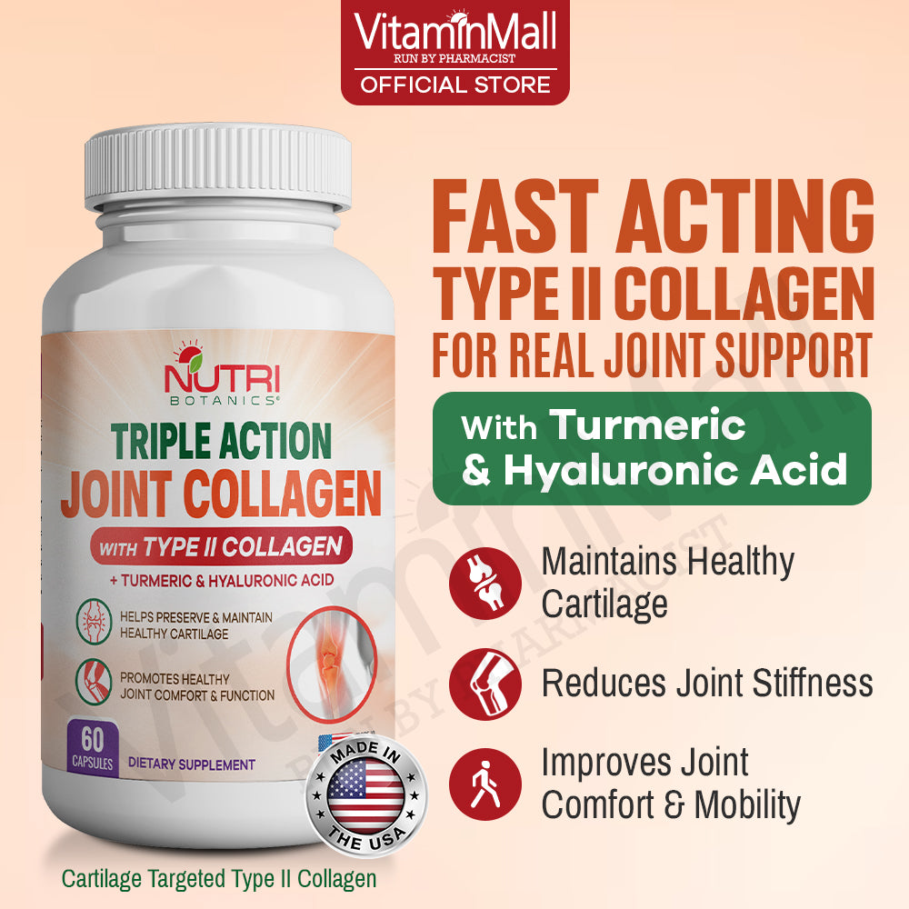 Nutri Botanics Triple Action Joint Collagen with Type II Collagen, Turmeric Curcumin & Hyaluronic Acid – 60 Capsules