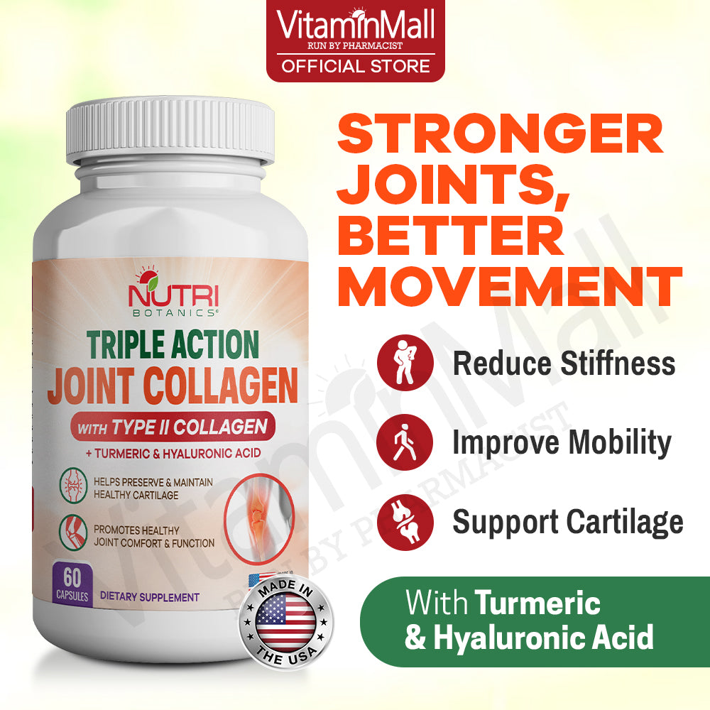 Nutri Botanics Triple Action Joint Collagen with Type II Collagen, Turmeric Curcumin & Hyaluronic Acid – 60 Capsules