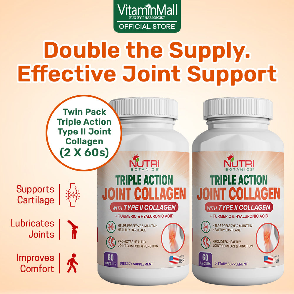 Nutri Botanics Triple Action Joint Collagen with Type II Collagen, Turmeric Curcumin & Hyaluronic Acid – 60 Capsules