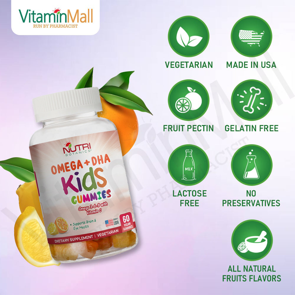 Nutri Botanics Vegetarian Kids Omega + DHA Gummies with Vitamin C – 60 Gummies