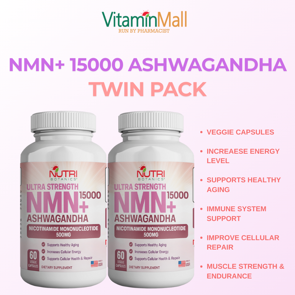 Nutri Botanics NMN + 15000 Ashwagandha Anti Aging Supplement - 60 Veggie Capsules