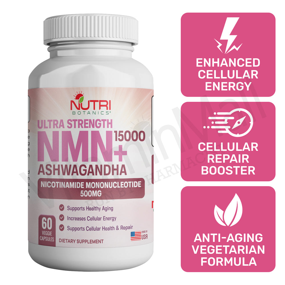 Nutri Botanics NMN + 15000 Ashwagandha Anti Aging Supplement - 60 Veggie Capsules