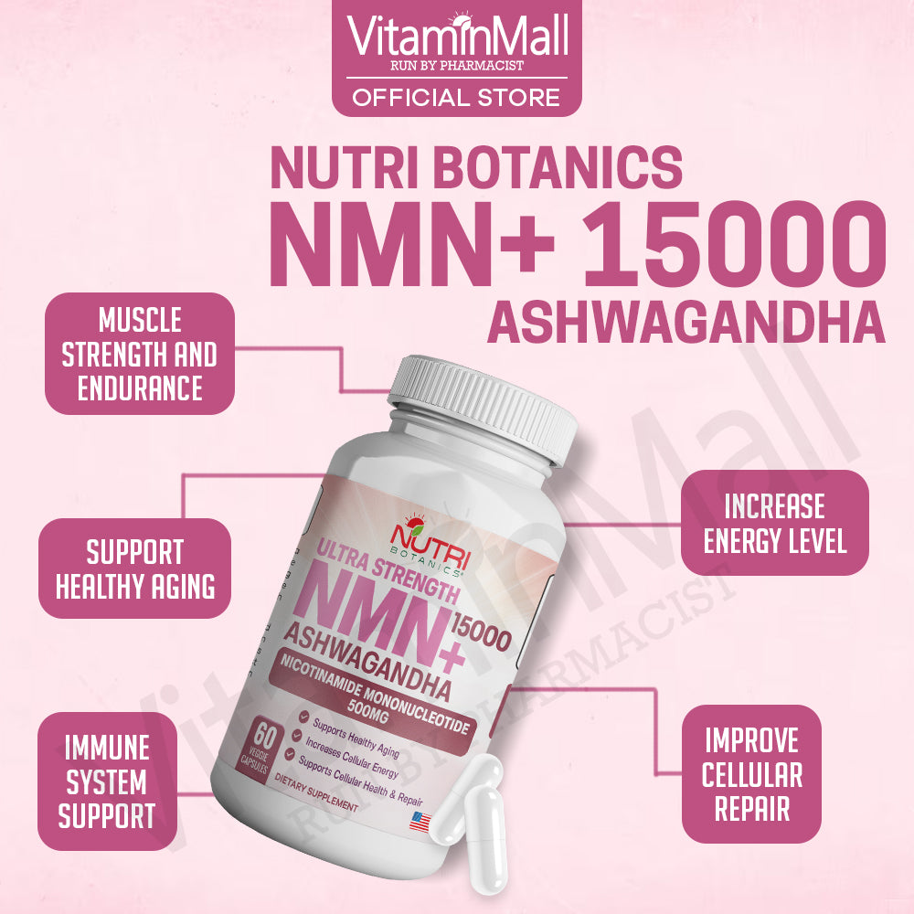 Nutri Botanics NMN + 15000 Ashwagandha Anti Aging Supplement - 60 Veggie Capsules