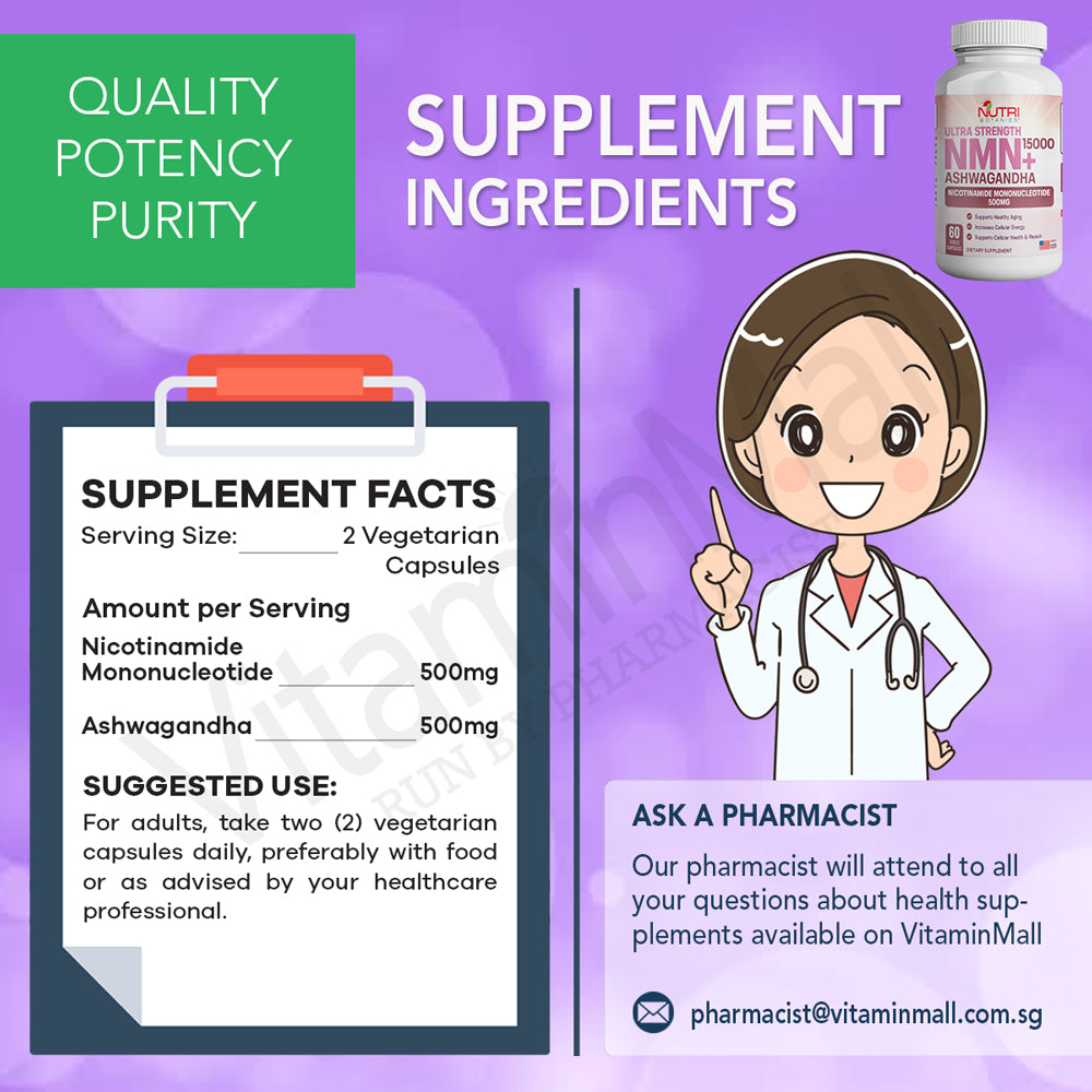 Nutri Botanics NMN + 15000 Ashwagandha Anti Aging Supplement - 60 Veggie Capsules