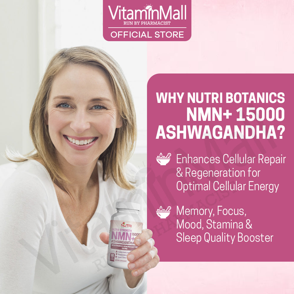 Nutri Botanics NMN + 15000 Ashwagandha Anti Aging Supplement - 60 Veggie Capsules