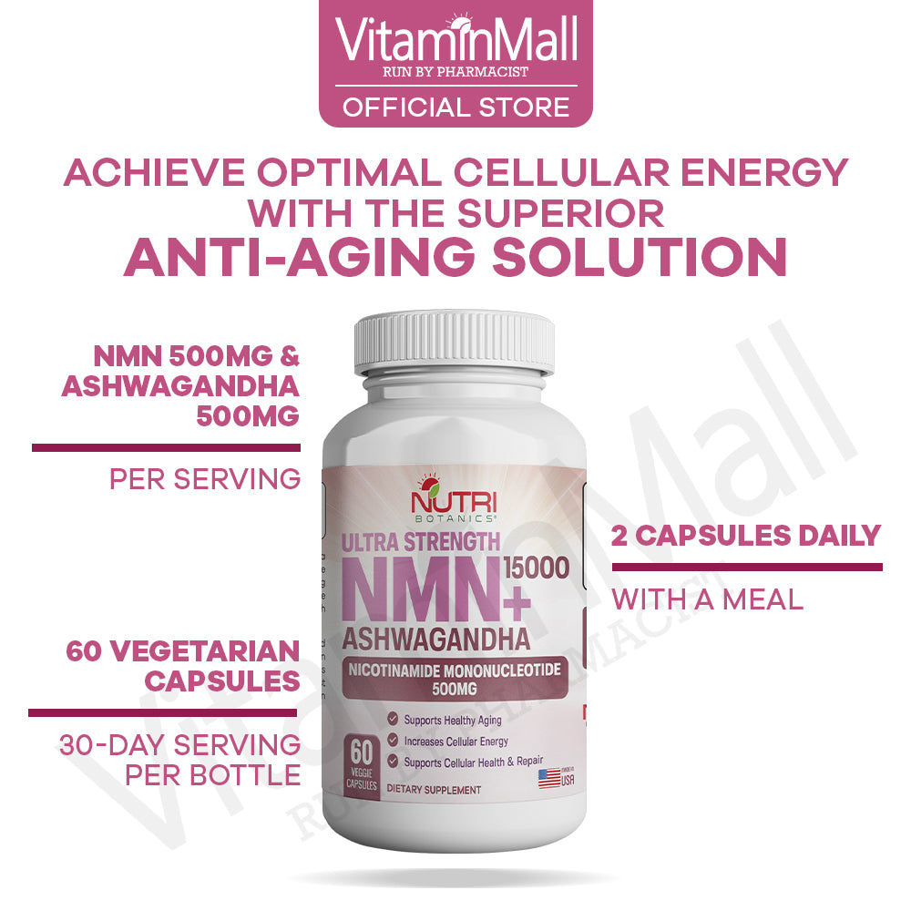 Nutri Botanics NMN + 15000 Ashwagandha Anti Aging Supplement - 60 Veggie Capsules