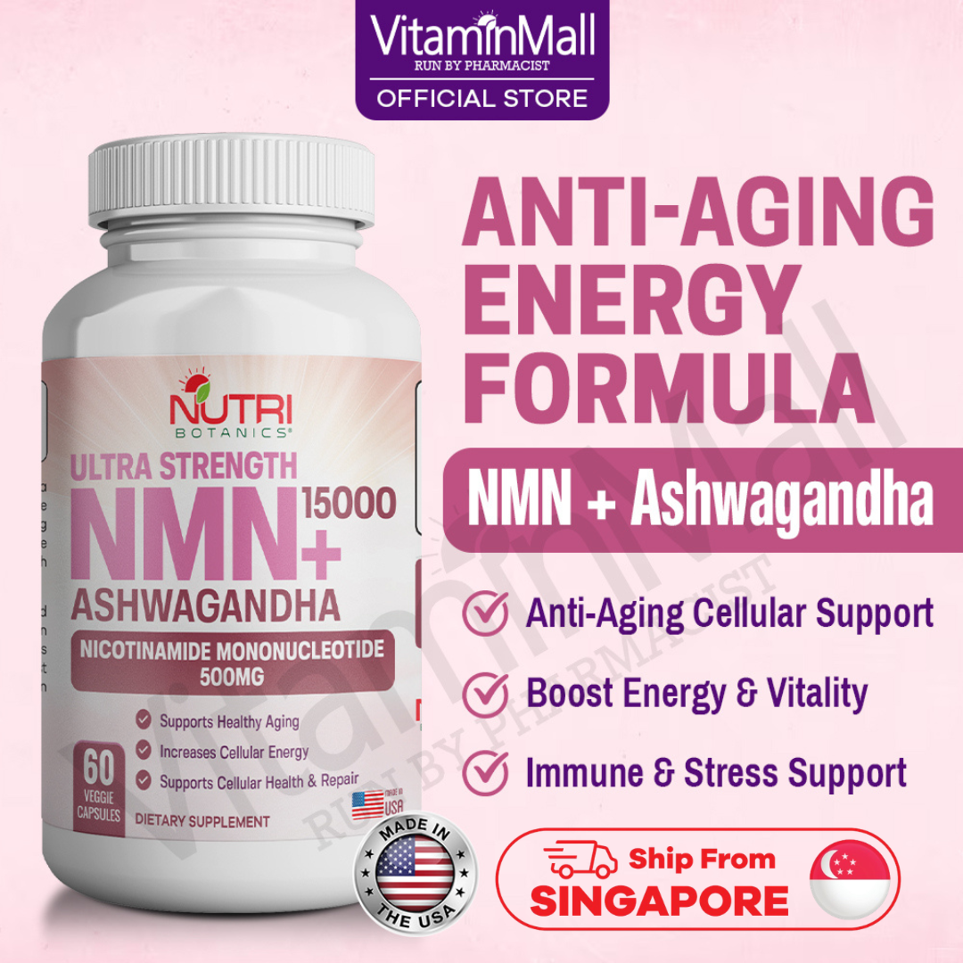 Nutri Botanics NMN + 15000 Ashwagandha Anti Aging Supplement - 60 Veggie Capsules
