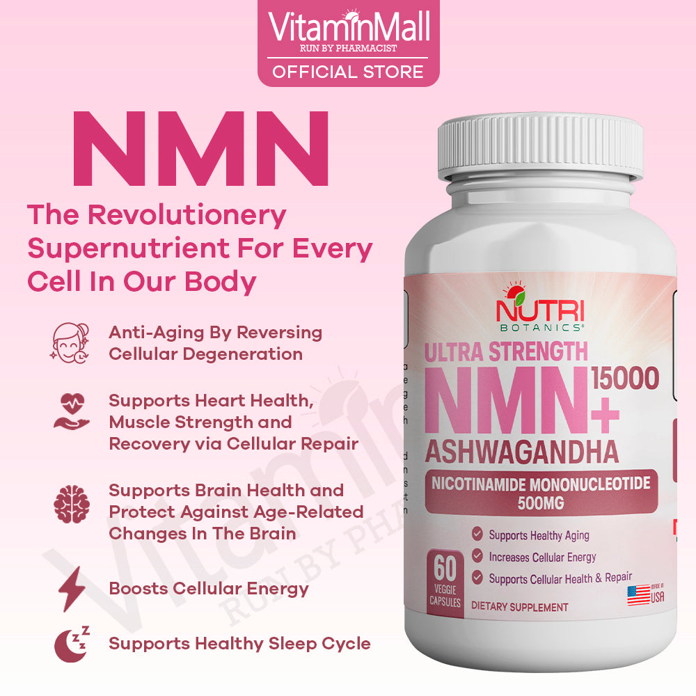 Nutri Botanics NMN + 15000 Ashwagandha Anti Aging Supplement - 60 Veggie Capsules