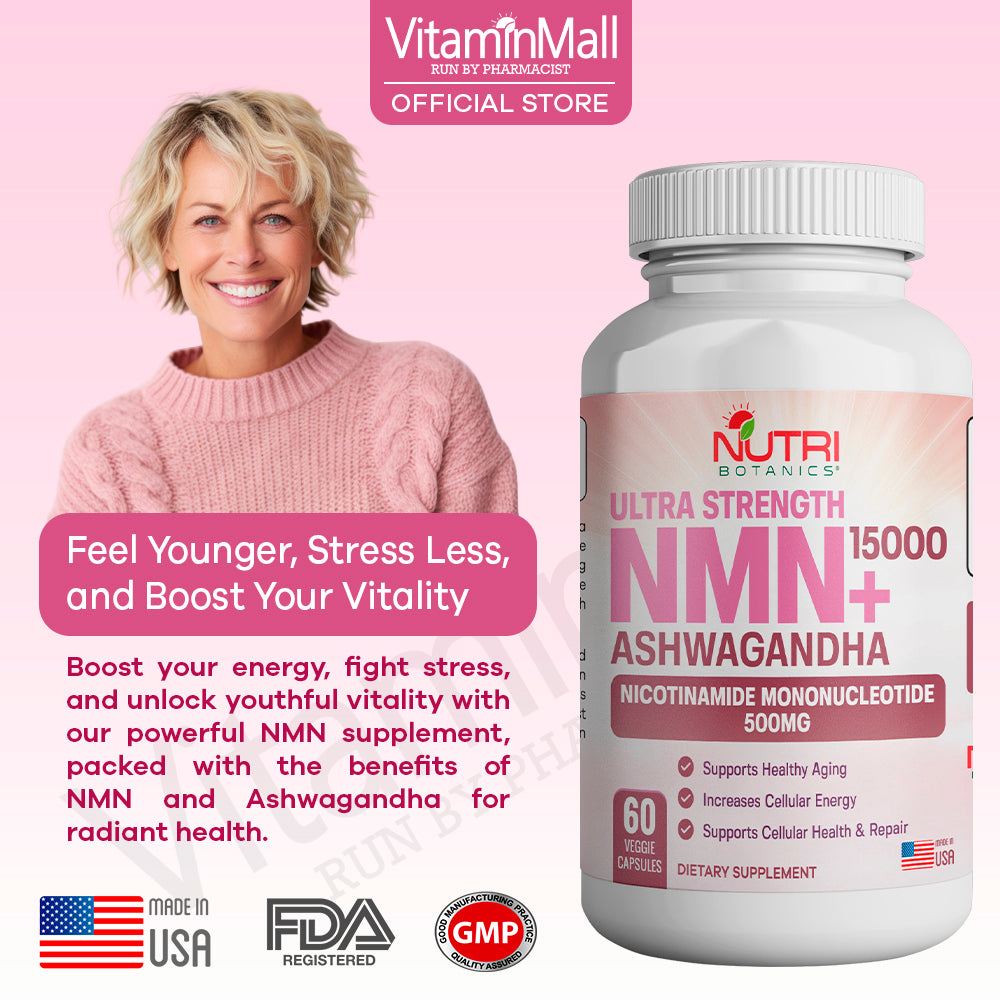 Nutri Botanics NMN + 15000 Ashwagandha Anti Aging Supplement - 60 Veggie Capsules