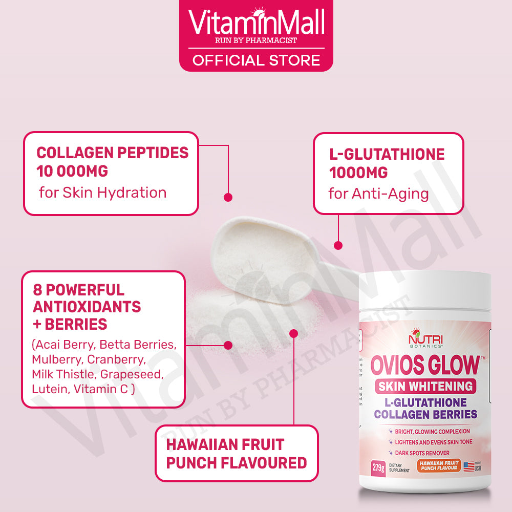 Ovios Glow Skin Whitening Collagen Glutathione Supplement - Skin Brightening 1000mg L Glutathione with Berries - 279g
