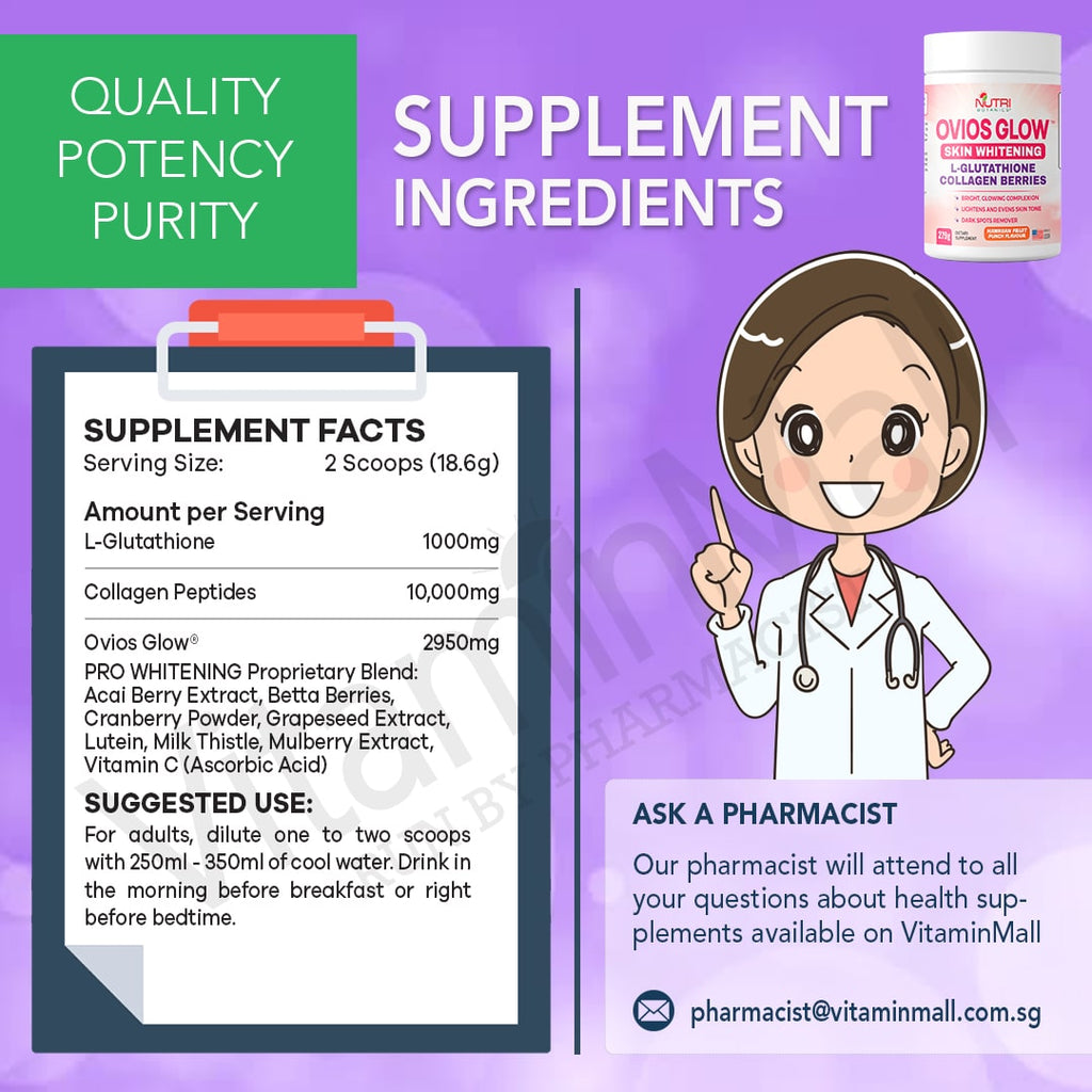Ovios Glow Skin Whitening Collagen Glutathione Supplement - Skin Brightening 1000mg L Glutathione with Berries - 279g
