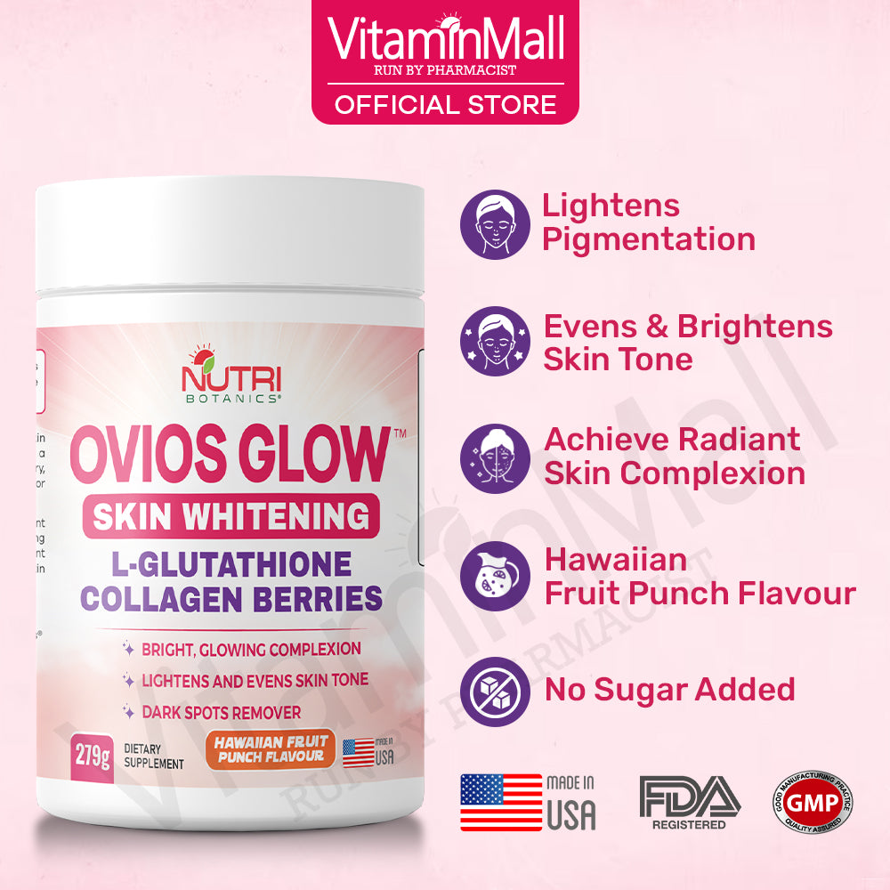 Ovios Glow Skin Whitening Collagen Glutathione Supplement - Skin Brightening 1000mg L Glutathione with Berries - 279g