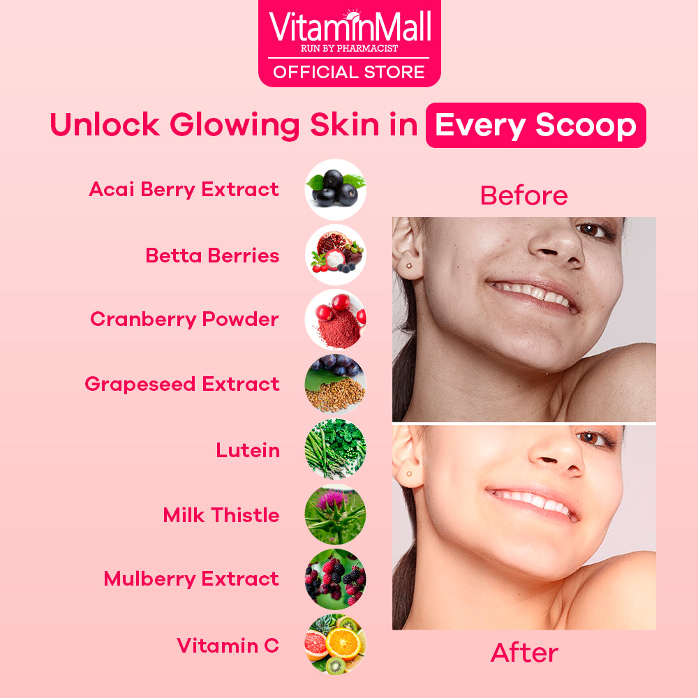 Ovios Glow Skin Whitening Collagen Glutathione Supplement - Skin Brightening 1000mg L Glutathione with Berries - 279g