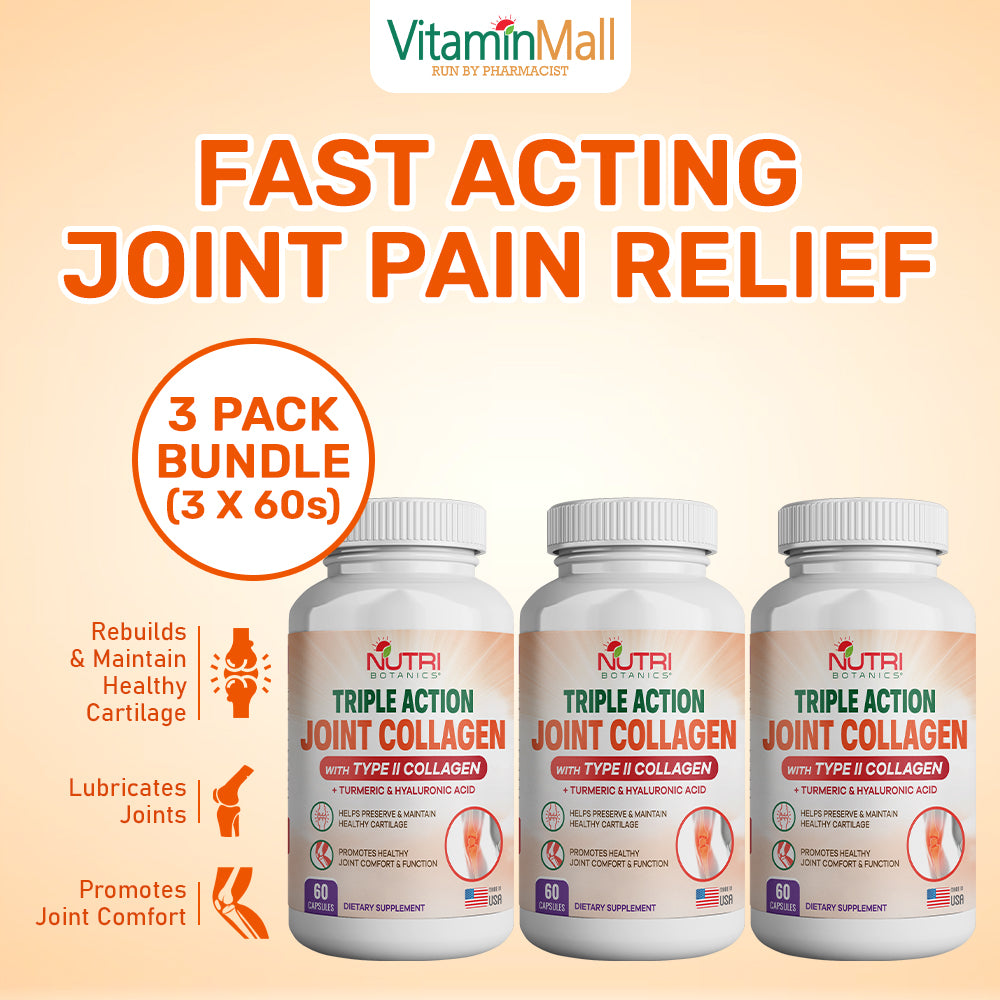 Nutri Botanics Triple Action Joint Collagen with Type II Collagen, Turmeric Curcumin & Hyaluronic Acid – 60 Capsules