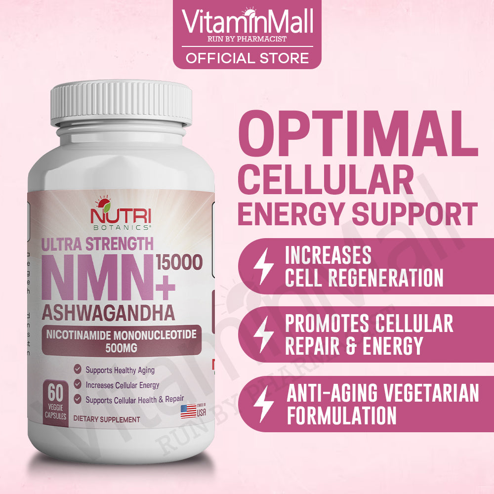 Nutri Botanics NMN + 15000 Ashwagandha Anti Aging Supplement - 60 Veggie Capsules