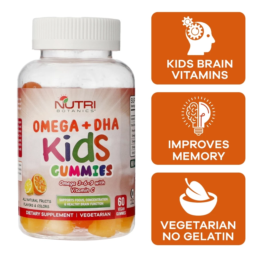 Nutri Botanics Vegetarian Kids Omega + DHA Gummies with Vitamin C – 60 Gummies