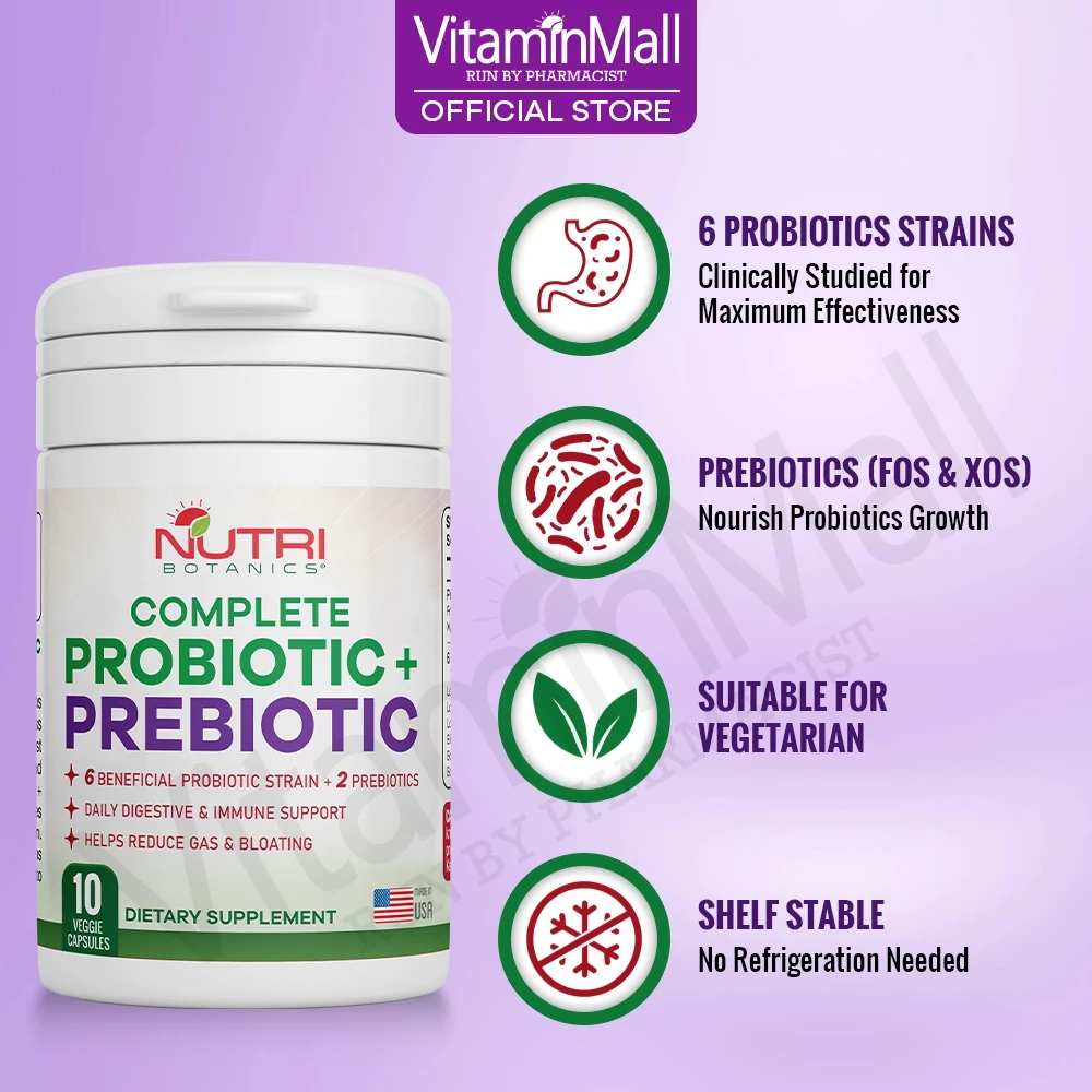 Nutri Botanics Prebiotic + Probiotic Supplement – 10 Veggie Capsules